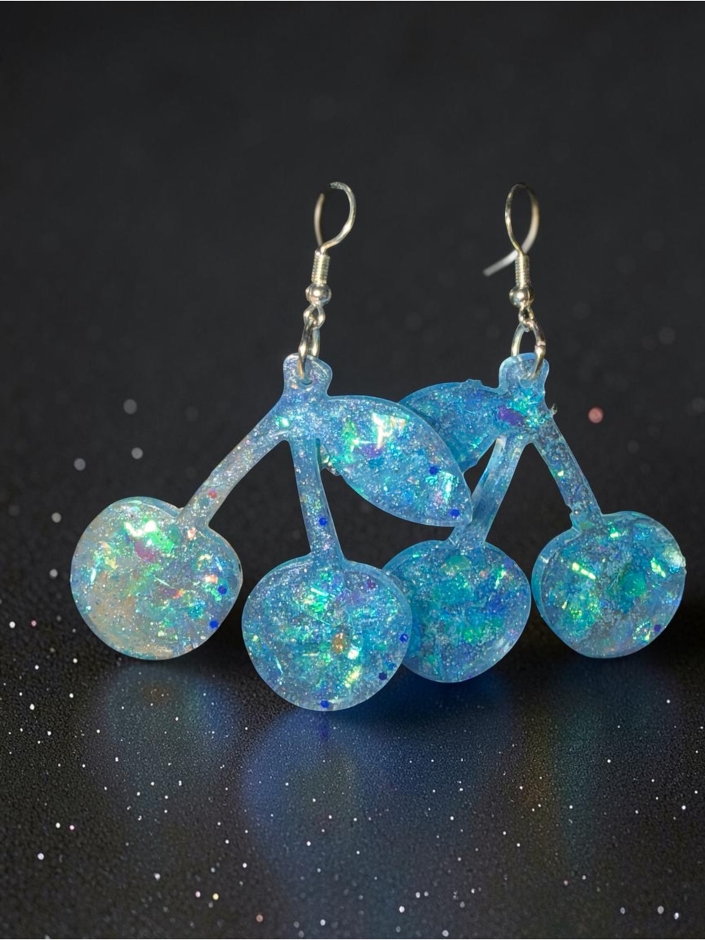Handmade Aqua Blue Iridescent Glitter Resin Cherry Earrings - Picture 3 of 4